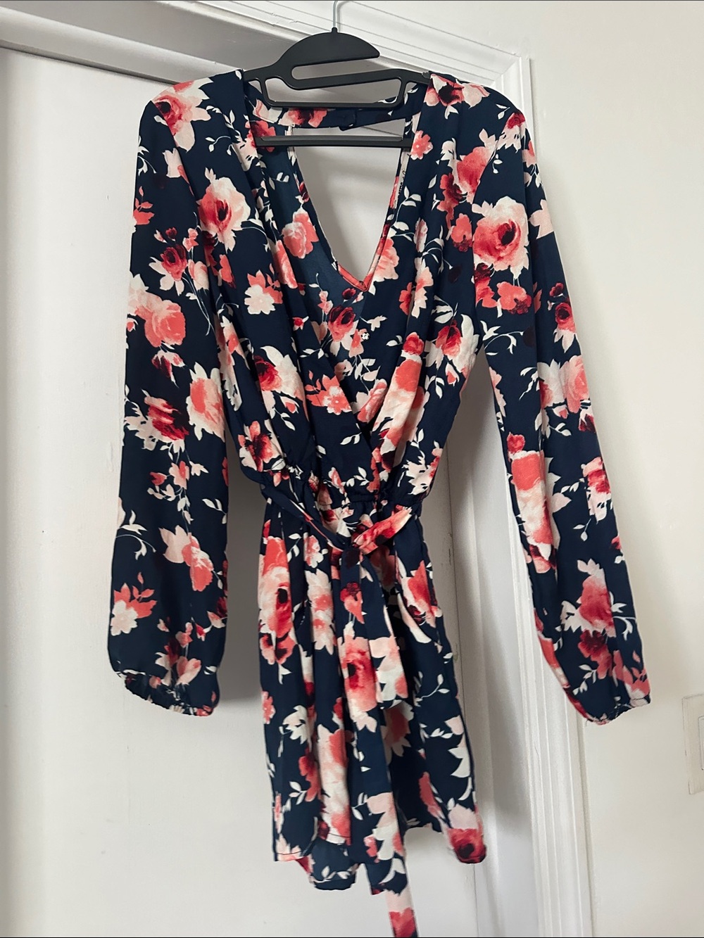 Gypsies & Moondust Navy Floral Wrap Romper with Coral and Blush Flowers